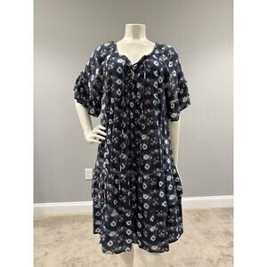 Caslon Blue Abstract Print Drop Waist Short Sleeve Dress Women’s Ruffle Hem Sz M